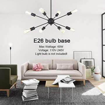 VINLUZ Sputnik Chandelier Black 8-Lights Mid Century Modern Ceiling Light Industrial Pendant Lightin...