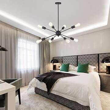 VINLUZ Sputnik Chandelier Black 8-Lights Mid Century Modern Ceiling Light Industrial Pendant Lighting for Kitchen Dining Room Living Room