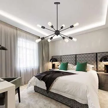 VINLUZ Sputnik Chandelier Black 8-Lights Mid Century Modern Ceiling Light Industrial Pendant Lighting for Kitchen Dining Room Living Room