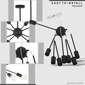 VINLUZ Sputnik Chandelier Black 8-Lights Mid Century Modern Ceiling Light Industrial Pendant Lighting for Kitchen Dining Room Living Room