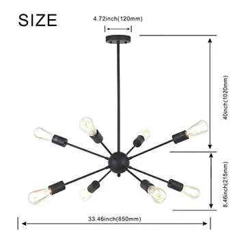 VINLUZ Sputnik Chandelier Black 8-Lights Mid Century Modern Ceiling Light Industrial Pendant Lighting for Kitchen Dining Room Living Room