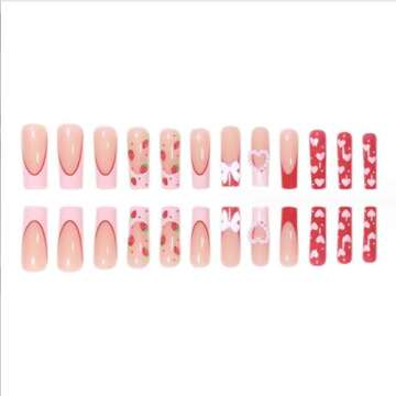 Foccna Press on Nails Long Rhinestone Pink Fake Nails Black Nails Square Bling Glossy 3D Flower False Nail Tips Artificial Nails Finger Manicure for Women and Girls-24pcs (Long Nails 3)