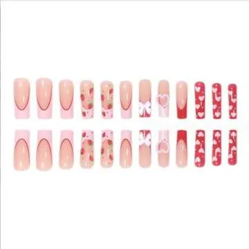 Foccna Press on Nails Long Rhinestone Pink Fake Nails Black Nails Square Bling Glossy 3D Flower False Nail Tips Artificial Nails Finger Manicure for Women and Girls-24pcs (Long Nails 3)