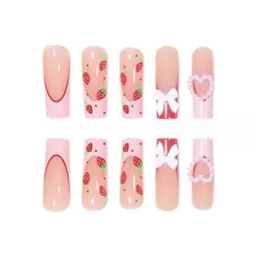 Foccna Press on Nails Long Rhinestone Pink Fake Nails Black Nails Square Bling Glossy 3D Flower False Nail Tips Artificial Nails Finger Manicure for Women and Girls-24pcs (Long Nails 3)