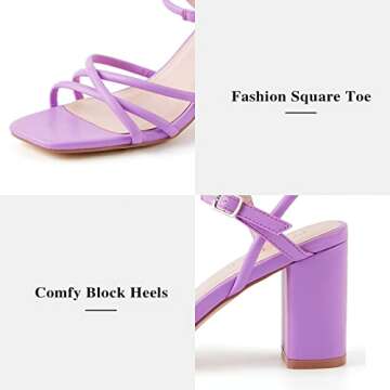TINSTREE Chunky Heel Sandals, Ankle Strap Block Heels Slingback Chunky Summer Sandal 3 inches Comfortable Party Holiday Office Wedding Dressy Shoes Open Square Toe Purple,06