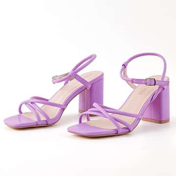 TINSTREE Chunky Heel Sandals, Ankle Strap Block Heels Slingback Chunky Summer Sandal 3 inches Comfortable Party Holiday Office Wedding Dressy Shoes Open Square Toe Purple,06