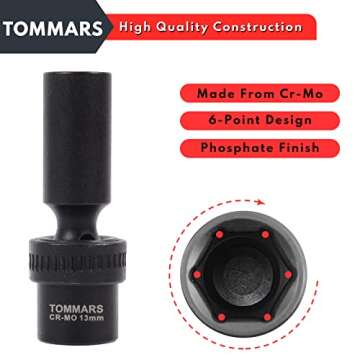 TOMMARS 3/8" Drive Universal Swivel Impact Socket Set Deep, 6 Point Wobble Flexible Socket Set Metric 10-19 mm CR-MO Steel