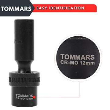 TOMMARS 3/8" Drive Universal Swivel Impact Socket Set Deep, 6 Point Wobble Flexible Socket Set Metric 10-19 mm CR-MO Steel