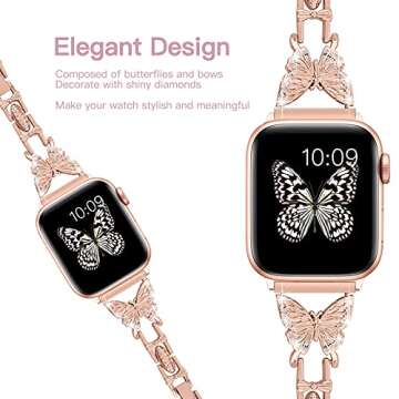 wipalor Butterfly Band for Bling Apple Watch Bands 42mm 41mm 40mm 38mm for Women, Metal Dressy iWatch Bands for Women, Designer Cute Strap for Apple Watch Band Series 10 9 SE 8 7 6 5 4 3 2 1-Rose Gold