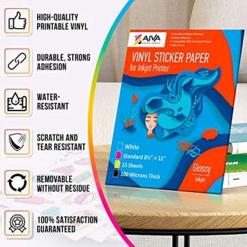 Limia's Care Printable Vinyl Sticker Paper for Inkjet Printer - Glossy White - 15 Self-Adhesive Shee...