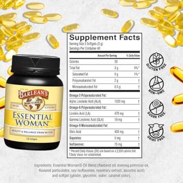 Barlean's Essential Woman Capsules, Hormonal Balance Supplement for Women, Flaxseed, Evening Primrose Oil and Soy Isoflavones, Omega 3 6 9 and GLA, 120 Count