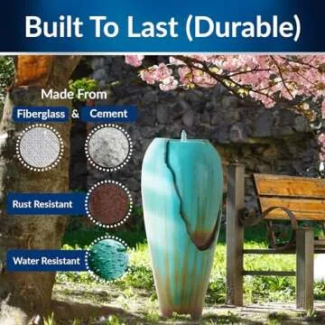 Alpine Corporation - 33" Tall Outdoor Antique Jar Water Fountain with LED Lights, Vintage Light Waterfall – Relaxing Garden Fountain for Patio, Deck, or Yard (Turquoise)