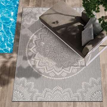 CAMILSON Outdoor Rug - Modern Area Rugs for Indoor and Outdoor Patios, Kitchen and Hallway mats - Waterproof, Washable, Non-Shedding, Easy-to-Clean Outside Carpet (5x7, Medallion - Grey/White)