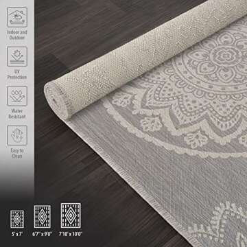 CAMILSON Outdoor Rug - Modern Area Rugs for Indoor and Outdoor Patios, Kitchen and Hallway mats - Waterproof, Washable, Non-Shedding, Easy-to-Clean Outside Carpet (5x7, Medallion - Grey/White)