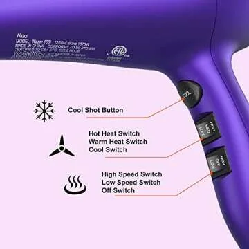 Wazor 3rd Generation Lightweight Low Noise Hair Dryer,(1875W Tourmaline Ceramic Negative Ionic Blow Dryer 2 Speed 3 Heat Settings Cool Shot with Diffuser Concentrator(Purple)