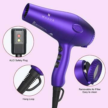 Wazor 3rd Generation Lightweight Low Noise Hair Dryer,(1875W Tourmaline Ceramic Negative Ionic Blow Dryer 2 Speed 3 Heat Settings Cool Shot with Diffuser Concentrator(Purple)