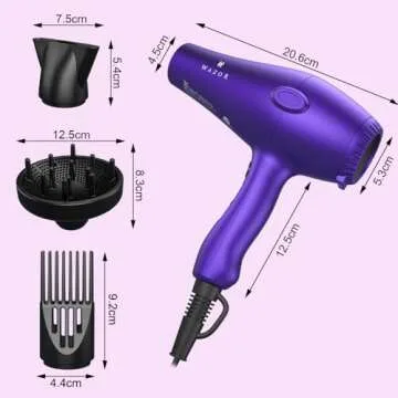 Wazor 3rd Generation Lightweight Low Noise Hair Dryer,(1875W Tourmaline Ceramic Negative Ionic Blow Dryer 2 Speed 3 Heat Settings Cool Shot with Diffuser Concentrator(Purple)