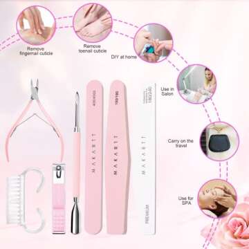 Makartt Nail File and Buffer Set, Pink Basic Prep Kit with Cuticle Clipper, Trimmer, Pusher, Brush, Manicure Care Kit for Natural and Acrylic Nails (7pcs)