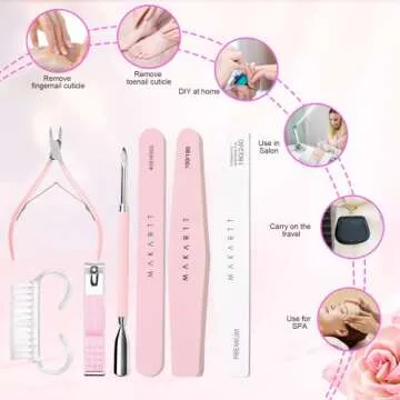 Makartt Nail File and Buffer Set, Pink Basic Prep Kit with Cuticle Clipper, Trimmer, Pusher, Brush, Manicure Care Kit for Natural and Acrylic Nails (7pcs)