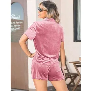LecGee Women's Velour Shirt Shorts Stylish Loungewear Set