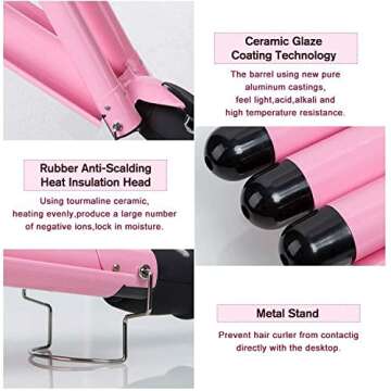 Coidak Curling Iron 3 Barrel, 1 Inch Hair Waver Curling Wand Adjustable 25mm Hair Crimper for Long or Short Hair, Heat Up Quickly Last Long Beach Wave Curling Iron for Women Pink