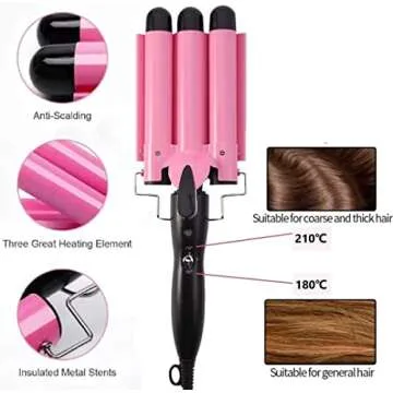 Coidak Curling Iron 3 Barrel, 1 Inch Hair Waver Curling Wand Adjustable 25mm Hair Crimper for Long or Short Hair, Heat Up Quickly Last Long Beach Wave Curling Iron for Women Pink