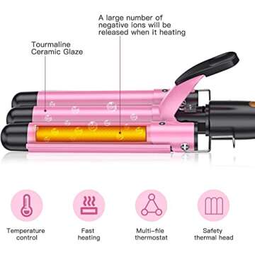 Coidak Curling Iron 3 Barrel, 1 Inch Hair Waver Curling Wand Adjustable 25mm Hair Crimper for Long or Short Hair, Heat Up Quickly Last Long Beach Wave Curling Iron for Women Pink