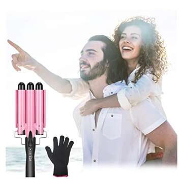 Coidak Curling Iron 3 Barrel, 1 Inch Hair Waver Curling Wand Adjustable 25mm Hair Crimper for Long or Short Hair, Heat Up Quickly Last Long Beach Wave Curling Iron for Women Pink