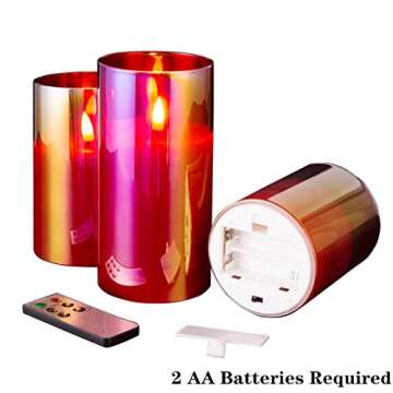 Eywamage Red Glass Flameless LED Pillar Candles with Remote, Flickering Battery Christmas Candles Set of 3