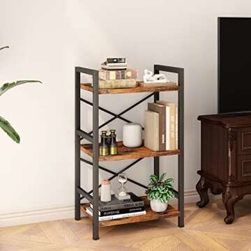 Homeiju Bookshelf, 3 Tier Industrial Bookcase, Metal Small Bookcase, Rustic Etagere Book Shelf Stora...