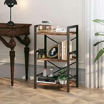 Homeiju Bookshelf, 3 Tier Industrial Bookcase, Metal Small Bookcase, Rustic Etagere Book Shelf Storage Organizer for Living Room, Bedroom, and Home Office(Rustic Brown) Patent Pending D29873033