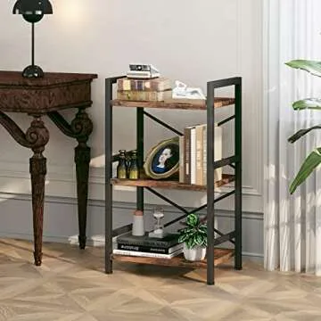 Homeiju Bookshelf, 3 Tier Industrial Bookcase, Metal Small Bookcase, Rustic Etagere Book Shelf Storage Organizer for Living Room, Bedroom, and Home Office(Rustic Brown) Patent Pending D29873033