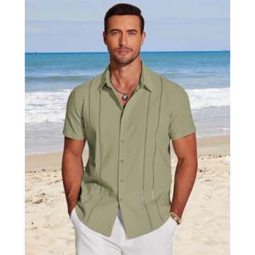 COOFANDY Mens Linen Shirts Short Sleeve Casual Button Up Shirts Loose Fit Beach Summer Shirts Army G...
