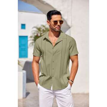 COOFANDY Mens Linen Shirts Short Sleeve Casual Button Up Shirts Loose Fit Beach Summer Shirts Army Green