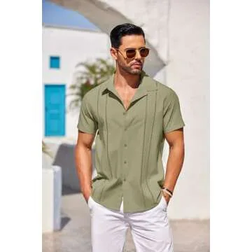 COOFANDY Mens Linen Shirts Short Sleeve Casual Button Up Shirts Loose Fit Beach Summer Shirts Army Green