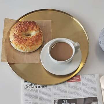 FREELOVE Gold Tray, Round Brass Serving Platter, Bar Circle Decorative Plate, Coffee Table Metal Decor Dishes, Brushed Hammered Coasters, Counter Bathroom Kitchen Dessert Cart Display Food, 12 inch