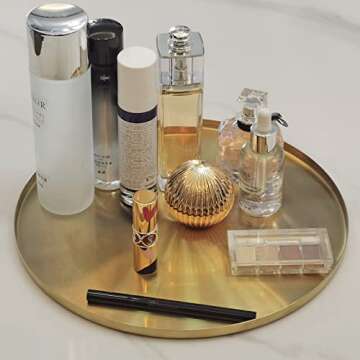 FREELOVE Gold Tray, Round Brass Serving Platter, Bar Circle Decorative Plate, Coffee Table Metal Decor Dishes, Brushed Hammered Coasters, Counter Bathroom Kitchen Dessert Cart Display Food, 12 inch