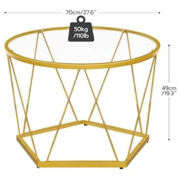 HOOBRO Coffee Table, Gold Glass Coffee Table for Living Room, 27.6" Round Coffee Table, 1 Layer Cent...