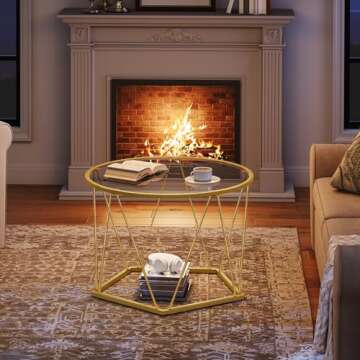 HOOBRO Coffee Table, Gold Glass Coffee Table for Living Room, 27.6" Round Coffee Table, 1 Layer Center Table, Metal Frame, Hexagonal Design, for Small Space, Reception Room, Apartment, Golden GD70KF01