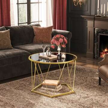 HOOBRO Coffee Table, Gold Glass Coffee Table for Living Room, 27.6" Round Coffee Table, 1 Layer Center Table, Metal Frame, Hexagonal Design, for Small Space, Reception Room, Apartment, Golden GD70KF01