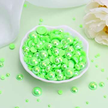 Dowarm 1000 Pieces Flatback Pearls, 4MM 6MM 8MM 10MM 12MM 14MM Neon Green AB Half Pearls for Crafts, Tumblers, Shoes, Mix Sizes