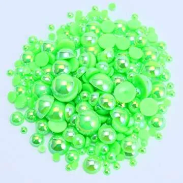 Dowarm 1000 Pieces Flatback Pearls, 4MM 6MM 8MM 10MM 12MM 14MM Neon Green AB Half Pearls for Crafts, Tumblers, Shoes, Mix Sizes