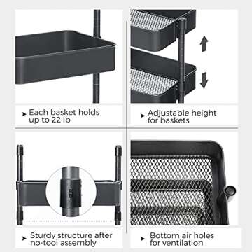 SONGMICS 3-Tier Metal Rolling Cart, Utility Cart, Kitchen Cart with Adjustable Shelves, Storage Trol...