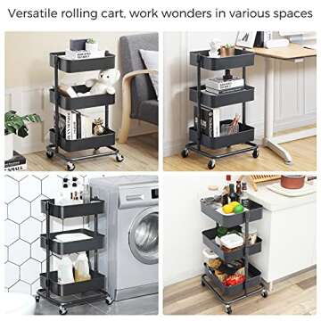 SONGMICS 3-Tier Metal Rolling Cart, Utility Cart, Kitchen Cart with Adjustable Shelves, Storage Trolley with 2 Brakes, Easy Assembly, for Kitchen, Office, Bathroom, Gray UBSC60GS