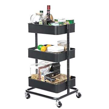 SONGMICS 3-Tier Metal Rolling Cart, Utility Cart, Kitchen Cart with Adjustable Shelves, Storage Trolley with 2 Brakes, Easy Assembly, for Kitchen, Office, Bathroom, Gray UBSC60GS
