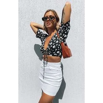 Just Quella Women's High Waisted Jean Skirt Fringed Slim Fit Denim Mini Skirt (M, White2 Washed)