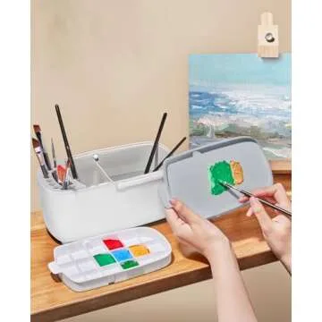 GAMENOTE Paint Brush Cleaner - Paint Brush Holder with Palette and Handle,Rinser for Acrylic, Watercolor, and Water-Based Paints, Painting Art Supply Storage Organizer (White+Grey)
