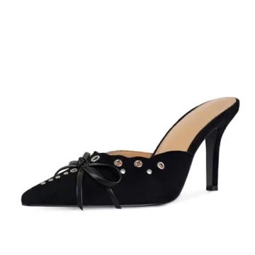 DOEYG Black Kitten Heels: Vintage Bow & Studded Stiletto Pumps for Women