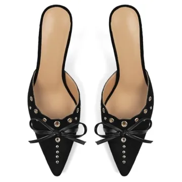 DOEYG Black Kitten Heels Vintage Bow Studded Stiletto Pumps