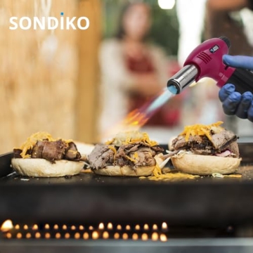 Sondiko Butane Torch Lighter S400, Refillable Kitchen Torch with Safety Lock and Adjustable Flame for Desserts, Creme Brulee, and Baking, ‎Pink&Black